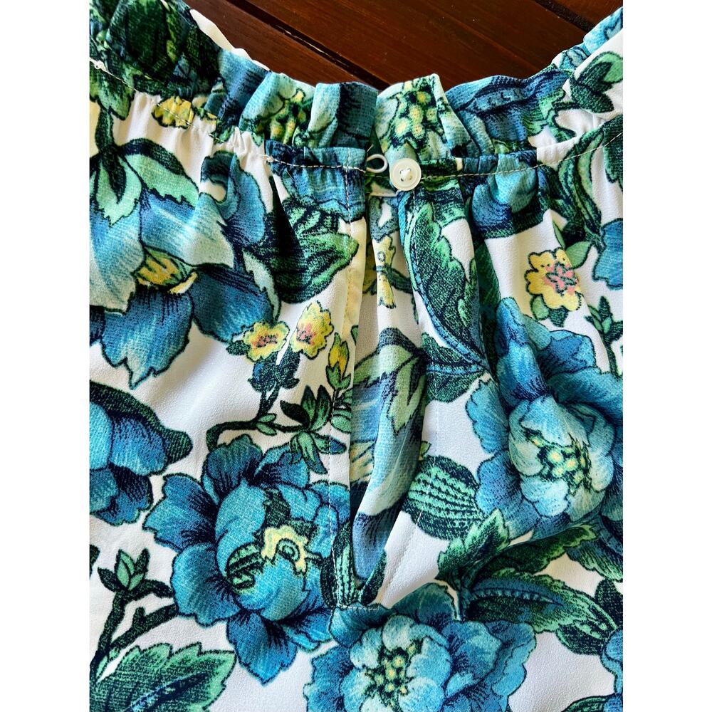 LOFT Blue and Green Floral Sleeveless Ruffle Top Blouse XXSP petite